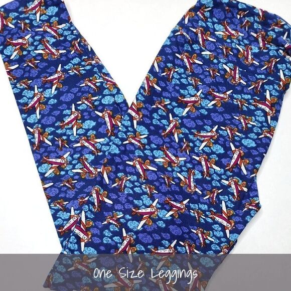 LuLaRoe OS Leggings Airplanes Clouds Blue NEW - Picture 1 of 1